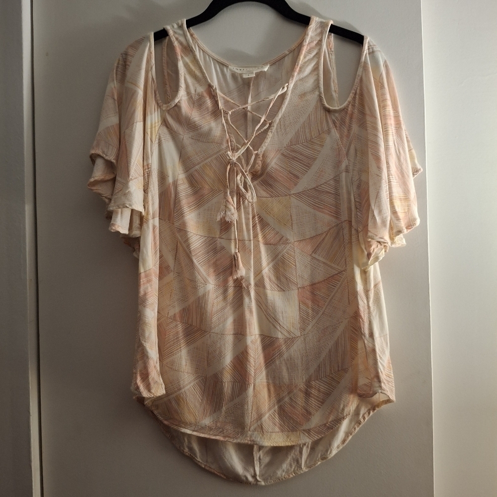 Lovestitch Pink And White Women's Cold Shoulder Geometric Patterned Top